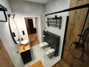 a bathroom with a sink and a toilet and a mirror at Kropla Rosy 27 in Orchówek +41 photos