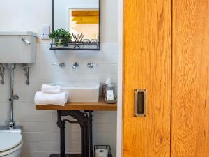 a bathroom with a sink and a toilet and a mirror at Mallard Cottage in Winchester