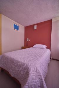 ein Schlafzimmer mit einem großen Bett und einer lila Decke in der Unterkunft Hotel Los Alamos in Riobamba