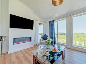 a living room with a fireplace and a tv at Glencoe Luxury Lodge in Erskine
