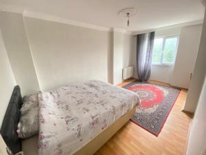 a bedroom with a bed and a rug and a window at Daily airport aparthotel in Taşoluk