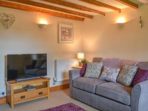 a living room with a couch and a flat screen tv at Alpine Cottage in Carperby