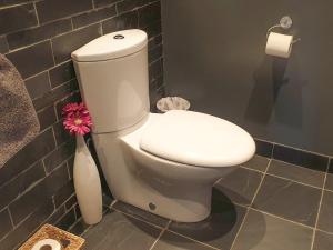 a white toilet in a bathroom with a pink flower at Flatts Barn in Hebden +17 photos