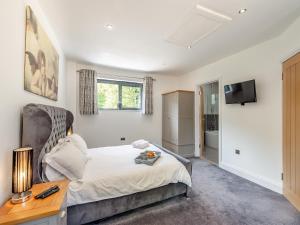 a bedroom with a bed and a desk and a television at Foxton Lodge - Uk47296 in Harrietsham +17 photos