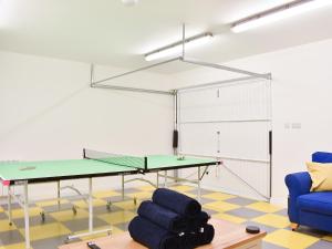 a room with a ping pong table and a couch at 1 Dalbuaick Farm Cottage in Carrbridge