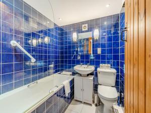 a blue tiled bathroom with a toilet and a sink at Y Bwthyn-Oxm in Gwynfe +7 photos