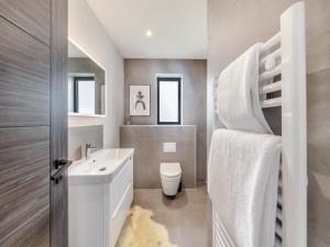 a bathroom with a sink and a toilet and a staircase at Seiriol Lodge 4 - Uk42794 in Llangefni +6 photos