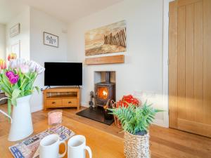 a living room with a fireplace and a television at Swyn Y Don in Llanfair