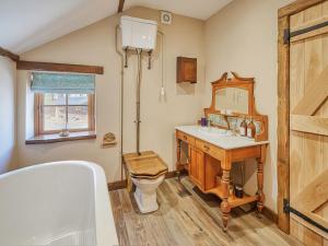 a bathroom with a toilet and a sink and a mirror at Rustic Retreat in Llangadog +2 photos