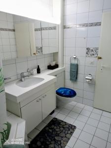 a bathroom with a sink and a toilet with a blue seat at Central 2, nice two room apartment, free bus, city tax included in Lucerne