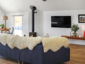 a furry couch with a fireplace in a living room at Ty Twm in Criccieth