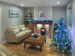 a living room with a christmas tree and a fireplace at Pond View Cottage in Brantingham