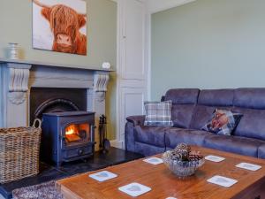 a living room with a couch and a wood stove at Old Upper Gwestydd in Highgate