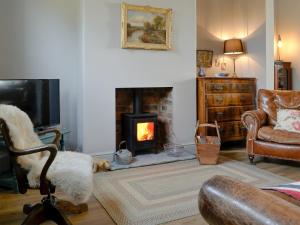 a living room with a fireplace and a dog in a chair at Dick 'N' Liddy's in Gargrave