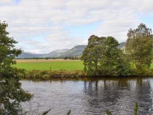 a river with trees and a field and mountains in the background at Chapelburn in Lawers