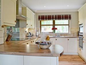 a kitchen with a counter with a bowl on it at Lochnagar Lodge in Aviemore