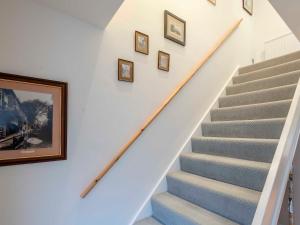 a staircase with blue carpet and framed pictures on the wall at Strugglers Retreat - Uk32878 in Lincoln