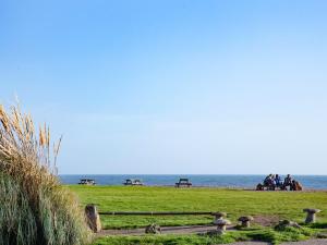 a group of people standing in a field near the ocean at Wheelwright Cottages in Branscombe