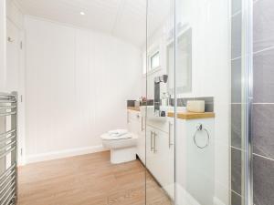a bathroom with a toilet and a glass shower at Clyde View in Langbank