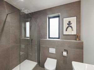a bathroom with a shower and a toilet and a sink at Cefni Lodge 1 - Uk42796 in Llangefni