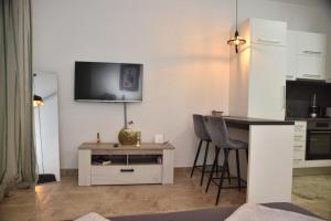 a living room with a table and a tv on the wall at Studio u srcu Banja Koviljaca in Banja Koviljača +10 photos