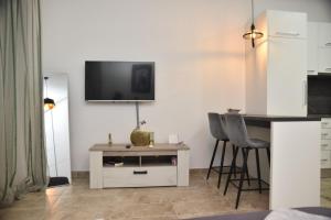 a living room with a table and a tv on a wall at Studio u srcu Banja Koviljaca in Banja Koviljača