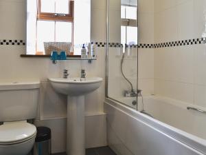 a bathroom with a sink and a toilet and a bath tub at Eithinog in Talybont