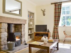 a living room with a fireplace and a television at Curlew Cottage in Meigle