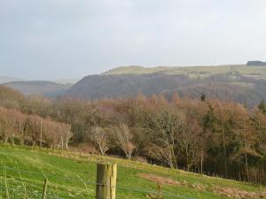 a field with a fence and some trees and hills at Helygen in Talybont +9 photos