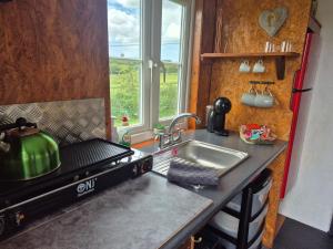 a kitchen with a sink and a stove and a window at The Paddock at Pioneer Billys in Camborne