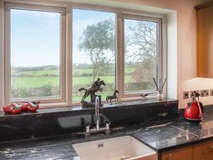 a kitchen counter with a sink and two windows at Ty'n Rallt in Bodorgan