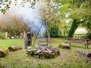 a fire pit with a pile of wood in a field at Uk45543-The Threshing Barn in Sticklepath