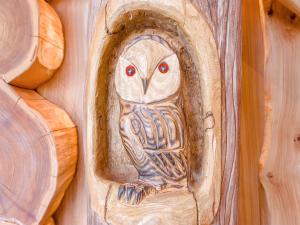 a wooden carving of an owl on a wall at Hope Hideaway in Buttington