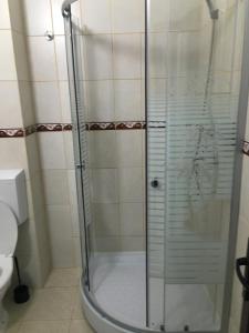 a shower with a glass door in a bathroom at Paradox in Eforie Sud