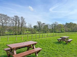 two picnic tables in a field next to a fence at Barngarth in Cartmel