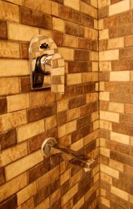 a brick wall with a soap dispenser in a shower at Hotel Rivera Palace in Varanasi