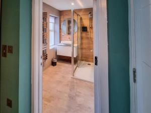 a bathroom with a shower and a toilet and a mirror at Uk47853 - No 2B in Aberystwyth