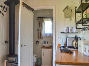 a small kitchen with a stove and a sink at Herdwick Hut Mountain Retreat in Twyn Llanan