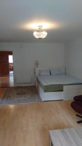 a bedroom with a bed and a chandelier at Two bedroom Apartment 80m2 2nd floor in Bagn