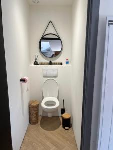 a bathroom with a white toilet and a mirror at "la brise marine",wifi&parking in Quend