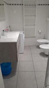 a white bathroom with a sink and a toilet at Adamello Peak ONE Apartment in Temù +15 photos