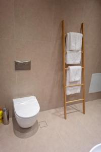 a bathroom with a toilet and a shelf with towels at Memories in Tinos