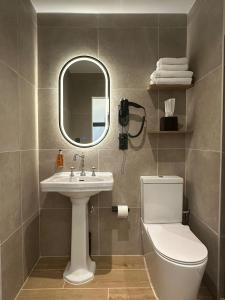a bathroom with a sink and a toilet and a mirror at Hotel Albert Plage in Knokke-Heist