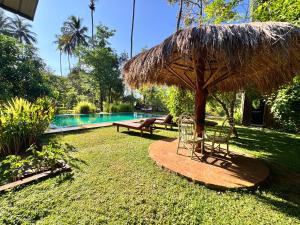 a yard with two chairs and a straw umbrella at The Cottage Sigiriya in Sigiriya