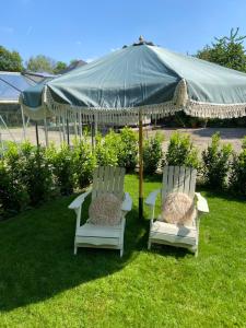 two chairs sitting in the grass under an umbrella at Gastenverblijf Het Groene Hart in Lanaken