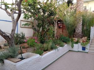 ein Garten mit einem Waschbecken und einigen Pflanzen in der Unterkunft Le Gîte in Káto Episkopí