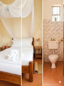 two pictures of a bedroom with a bed and a toilet at Yasipi Cottages in Sipi
