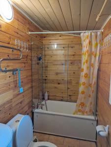 a bathroom with a bath tub and a toilet at Private Wood Cabin in Palanga +14 photos