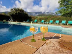two glasses of orange juice next to a swimming pool at HOTEL PASTERAL RIU TER in La Cellera de Ter
