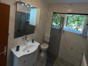 a bathroom with a sink and a shower and a toilet at MAG Apartmani in Jezera